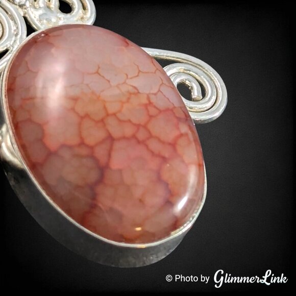 Red Orange Dragon Vein Oval Cabochon Scrollwork Silver Plated Pendant - Picture 2 of 8